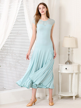 レディースダンスドレス メッシュ ラウンドカラー 半袖 プリーツスカート 社交ダンス衣装