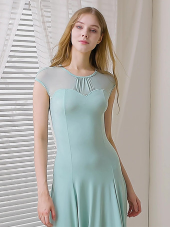 レディースダンスドレス メッシュ ラウンドカラー 半袖 プリーツスカート 社交ダンス衣装