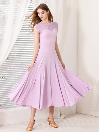 ラベンダーカラーレディースダンスドレス メッシュ ラウンドカラー 半袖 プリーツスカート 社交ダンス衣装