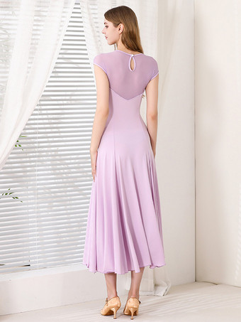 レディースダンスドレス メッシュ ラウンドカラー 半袖 プリーツスカート 社交ダンス衣装