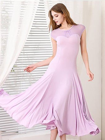 レディースダンスドレス メッシュ ラウンドカラー 半袖 プリーツスカート 社交ダンス衣装