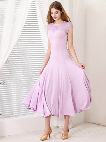 レディースダンスドレス メッシュ ラウンドカラー 半袖 プリーツスカート 社交ダンス衣装