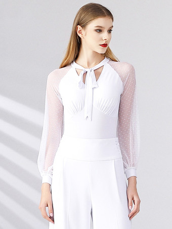 ホワイト レディースダンスドレス メッシュ 長袖 リボンネックライン 社交ダンス衣装