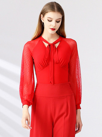 レッド レディースダンスドレス メッシュ 長袖 リボンネックライン 社交ダンス衣装