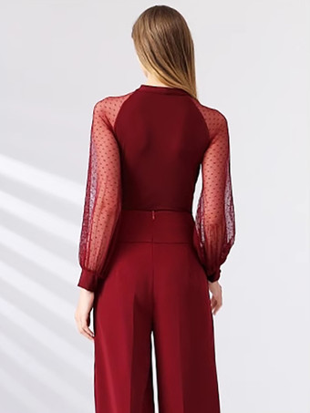 レディースダンスドレス メッシュ 長袖 リボンネックライン 社交ダンス衣装