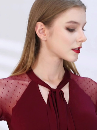 レディースダンスドレス メッシュ 長袖 リボンネックライン 社交ダンス衣装