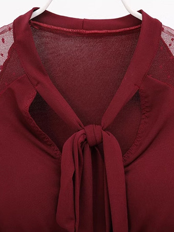 レディースダンスドレス メッシュ 長袖 リボンネックライン 社交ダンス衣装