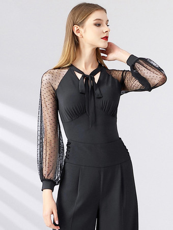 ブラック レディースダンスドレス メッシュ 長袖 リボンネックライン 社交ダンス衣装