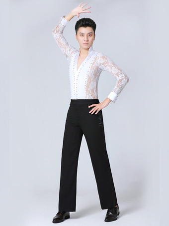 ホワイト メンズ ラテンダンス 2ピース レース ディープVネック ソングシャツ＆ブラックパンツ