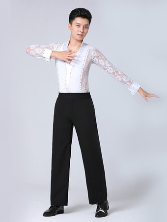 メンズ ラテンダンス 2ピース レース ディープVネック ソングシャツ＆ブラックパンツ