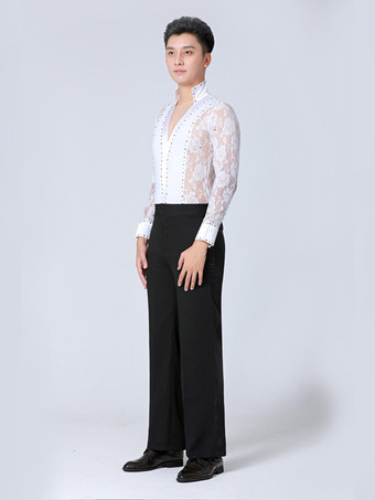 メンズ ラテンダンス 2ピース レース ディープVネック ソングシャツ＆ブラックパンツ