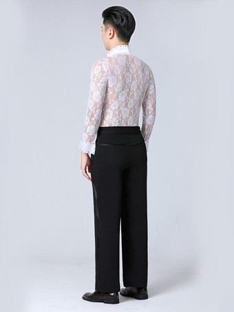 メンズ ラテンダンス 2ピース レース ディープVネック ソングシャツ＆ブラックパンツ