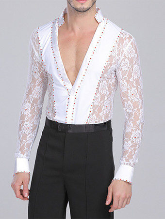 メンズ ラテンダンス 2ピース レース ディープVネック ソングシャツ＆ブラックパンツ