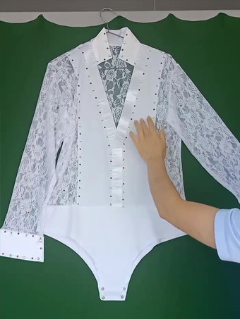 メンズ ラテンダンス 2ピース レース ディープVネック ソングシャツ＆ブラックパンツ