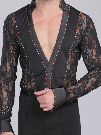 ブラック メンズ ラテンダンス 2ピース レース ディープVネック ソングシャツ＆ブラックパンツ