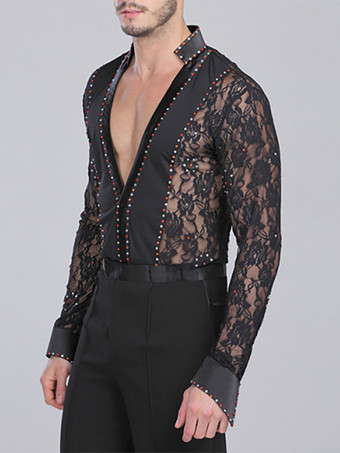 メンズ ラテンダンス 2ピース レース ディープVネック ソングシャツ＆ブラックパンツ