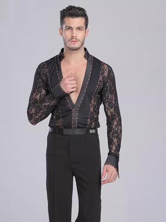 メンズ ラテンダンス 2ピース レース ディープVネック ソングシャツ＆ブラックパンツ