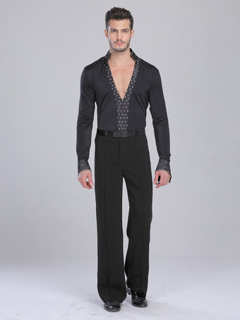 ブラック メンズ ラテンダンス 2ピース 長袖 水玉シャツと黒パンツ パフォーマンス ステージ衣装