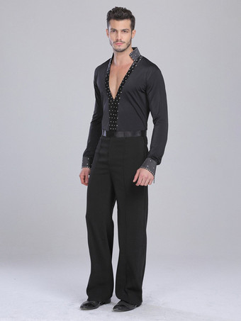 メンズ ラテンダンス 2ピース 長袖 水玉シャツと黒パンツ パフォーマンス ステージ衣装