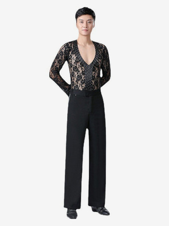 ブラック メンズ ラテンダンスシャツ レースメッシュ 社交ダンス パフォーマンスコスチューム