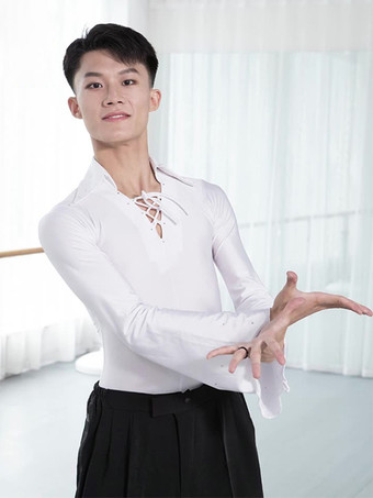 ホワイト メンズ ラテンダンスシャツ ホワイト 社交ダンス コスチューム レースアップ トップス パフォーマンス