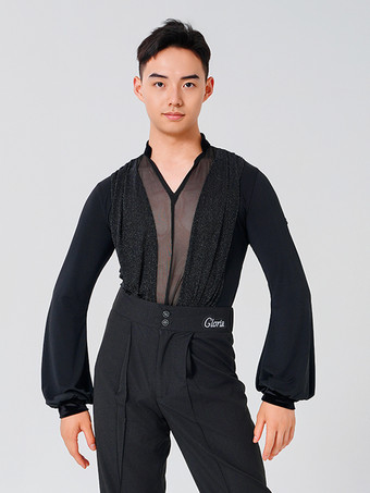 ブラック メンズ ラテンダンスシャツ ルンバ チャチャ サンバ ダンス競技用 パフォーマンスウェア