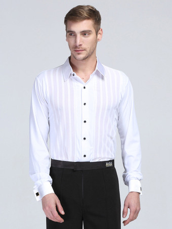 メンズ ラテンダンスコスチューム ホワイト ストライプ 長袖 スパンデックス シャツ ラテンダンス競技用シャツ