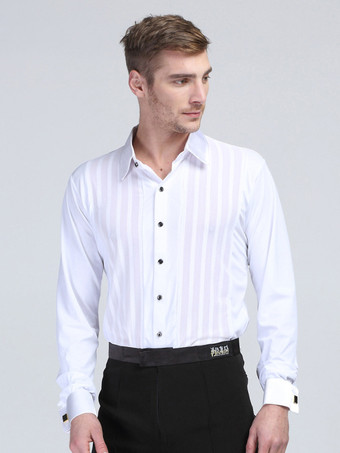 メンズ ラテンダンスコスチューム ホワイト ストライプ 長袖 スパンデックス シャツ ラテンダンス競技用シャツ