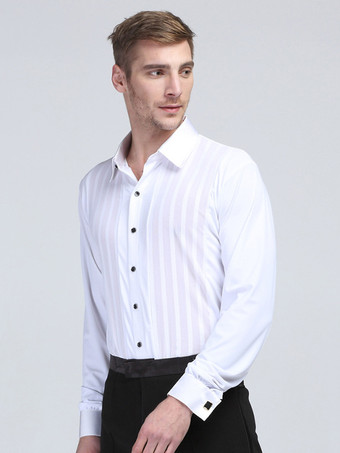 メンズ ラテンダンスコスチューム ホワイト ストライプ 長袖 スパンデックス シャツ ラテンダンス競技用シャツ