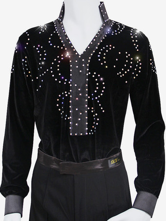 ブラック ボーイズラテンダンスTバックシャツベルベットダイヤモンドダンスウェア