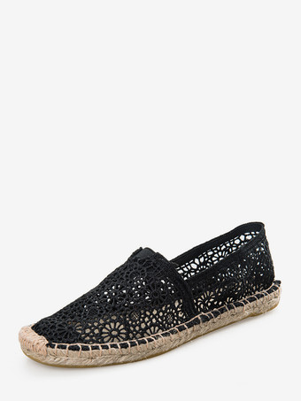 ブラック レディース フラットローファー レース ラウンドトゥ スリッポン フラットシューズ