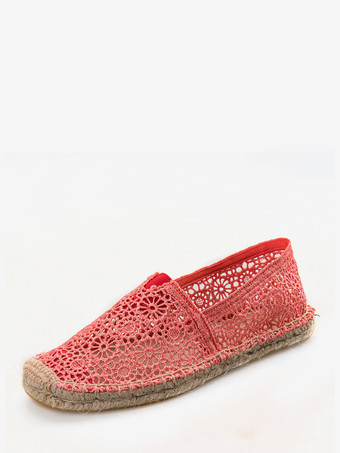 スイカ（レッド）レディース フラットローファー レース ラウンドトゥ スリッポン フラットシューズ