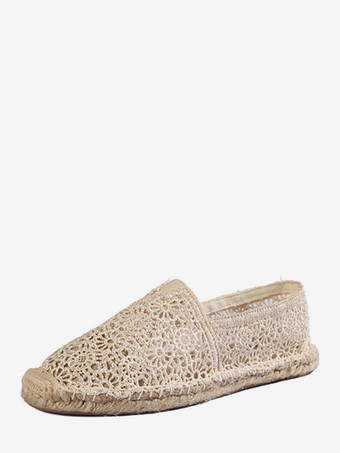 アイボリー レディース フラットローファー レース ラウンドトゥ スリッポン フラットシューズ