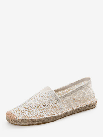 ホワイト レディース フラットローファー レース ラウンドトゥ スリッポン フラットシューズ