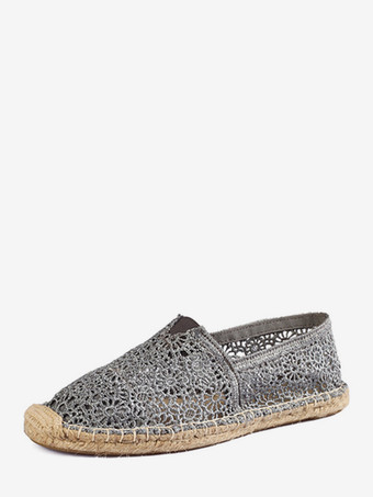 ライトグレー レディース フラットローファー レース ラウンドトゥ スリッポン フラットシューズ