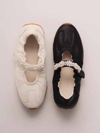 ホワイト メリージェーン スニーカー ラウンドトゥ パール スリッポン カジュアルシューズ