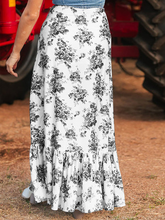 2025年 ハイスリットフリルヘムデザイン ブルーフローラルプリントスカート