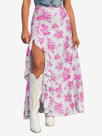 ピンク2025年 ハイスリットフリルヘムデザイン ブルーフローラルプリントスカート