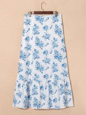 2025年 ハイスリットフリルヘムデザイン ブルーフローラルプリントスカート
