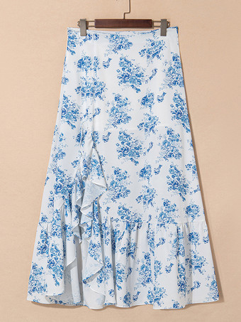 2025年 ハイスリットフリルヘムデザイン ブルーフローラルプリントスカート