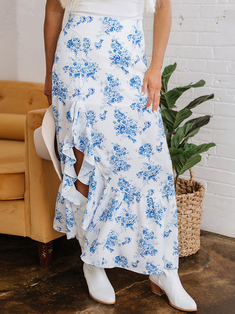 2025年 ハイスリットフリルヘムデザイン ブルーフローラルプリントスカート