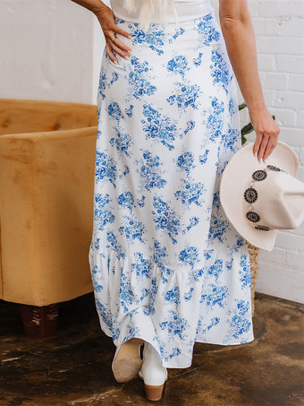 2025年 ハイスリットフリルヘムデザイン ブルーフローラルプリントスカート