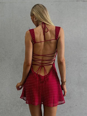 レッドポルカドット柄ノースリーブドレス（バックレースアップ）2025