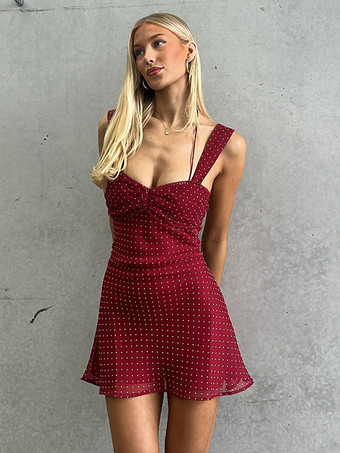 ワインレッド レッドポルカドット柄ノースリーブドレス（バックレースアップ）2025