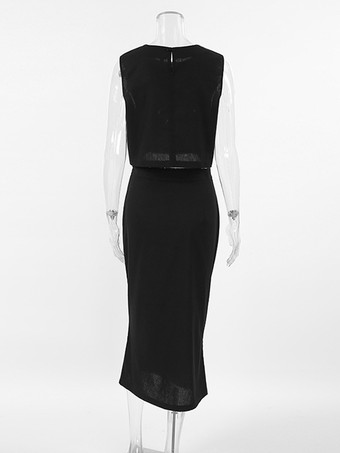 ブラックのツーピースコーデセット ノースリーブクロップトップとミディスカート 2025