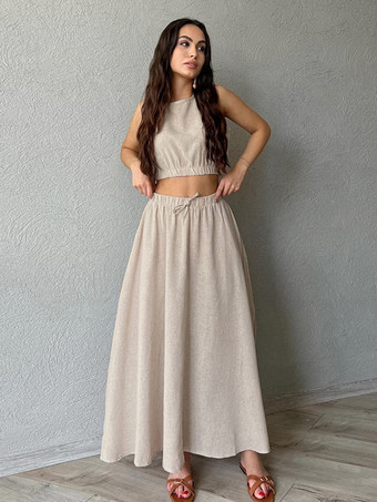 アプリコット 2ピースセット ノースリーブ クロップトップとAラインロングスカート 2025