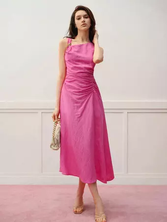 Rose Red Sleeveless Midi Dress With Ruched Waist 2026 - Milanoo.com