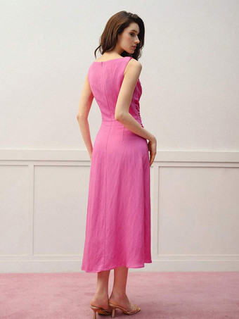 ローズレッドのノースリーブミディドレス（ウエストシャーリング付き）2026