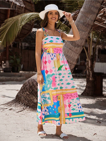 トロピカルプリントの調節可能なストラップ付きビーチロングドレス 2025