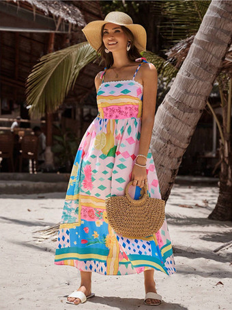 トロピカルプリントの調節可能なストラップ付きビーチロングドレス 2025